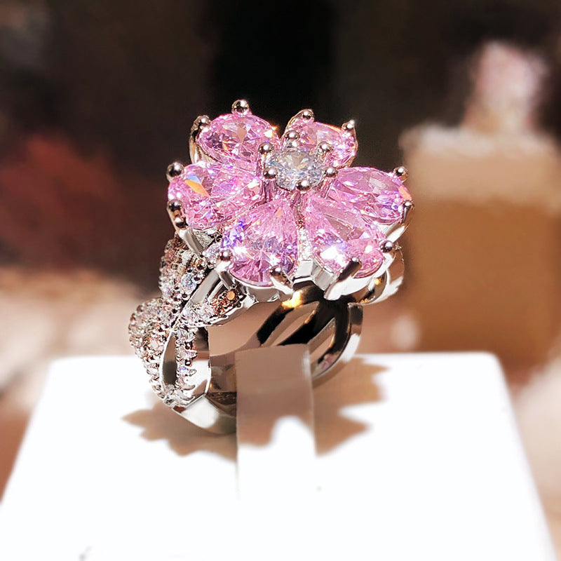 Heart-shaped Cherry Blossom Zircon Female Sweet Diamond Ring Fashion Jewelry