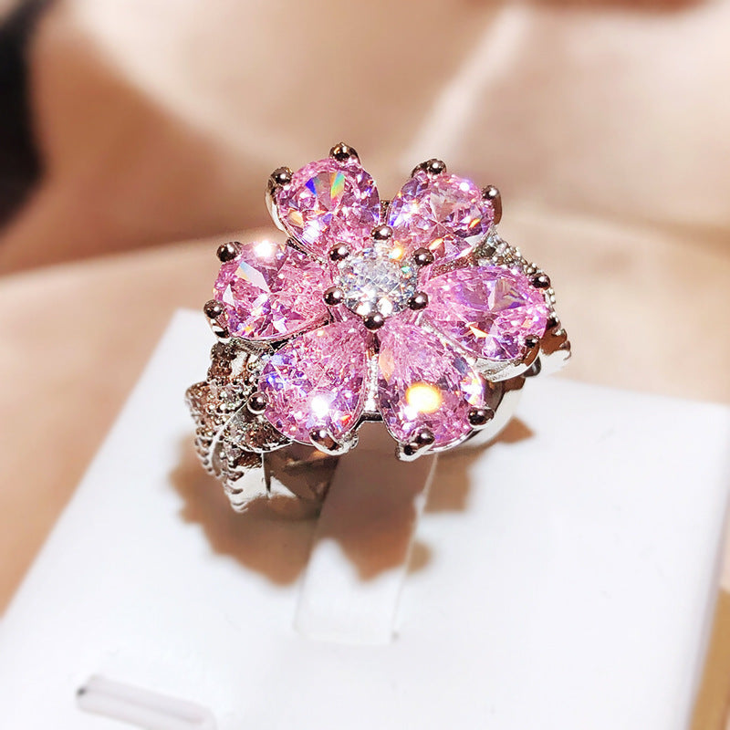 Heart-shaped Cherry Blossom Zircon Female Sweet Diamond Ring Fashion Jewelry