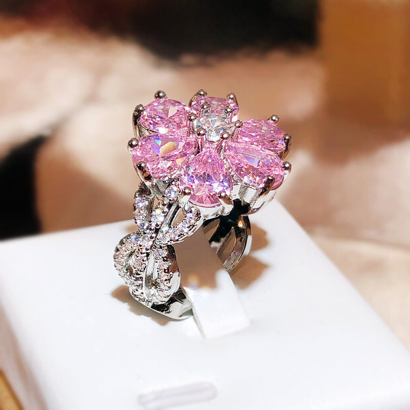 Heart-shaped Cherry Blossom Zircon Female Sweet Diamond Ring Fashion Jewelry