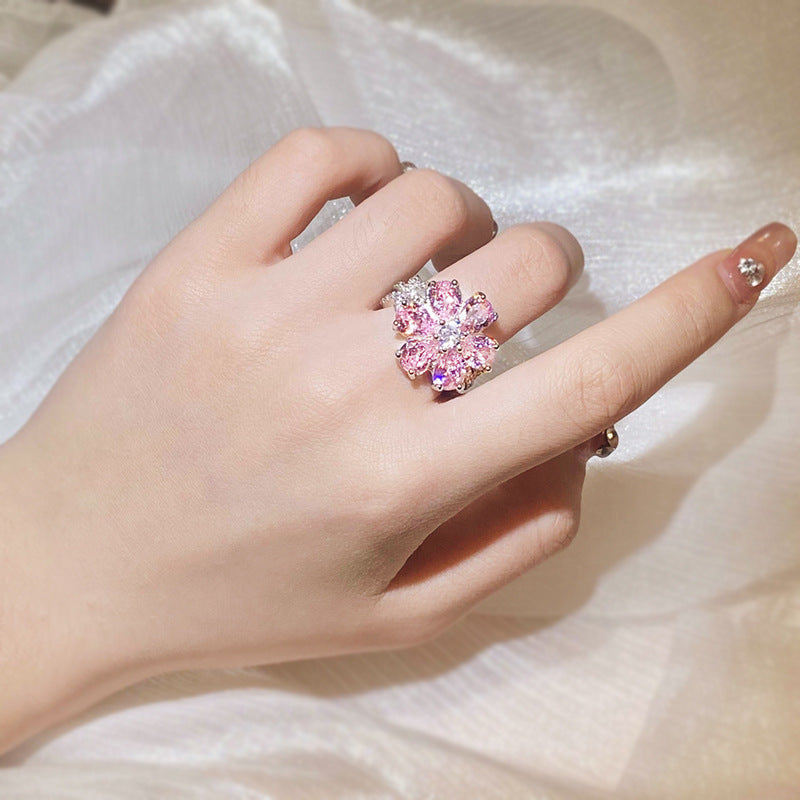 Heart-shaped Cherry Blossom Zircon Female Sweet Diamond Ring Fashion Jewelry