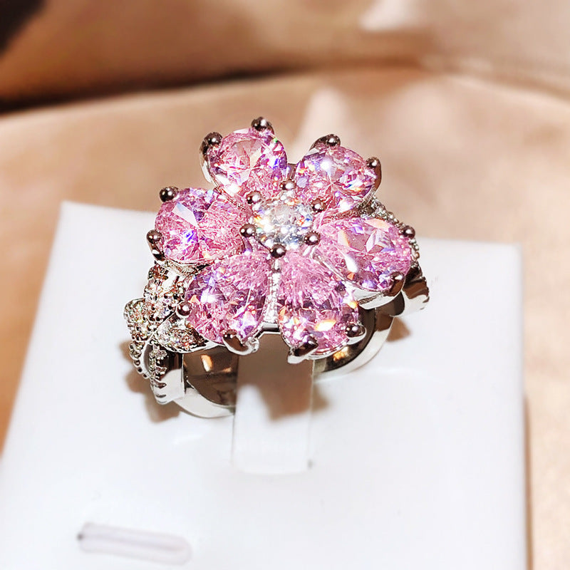 Heart-shaped Cherry Blossom Zircon Female Sweet Diamond Ring Fashion Jewelry